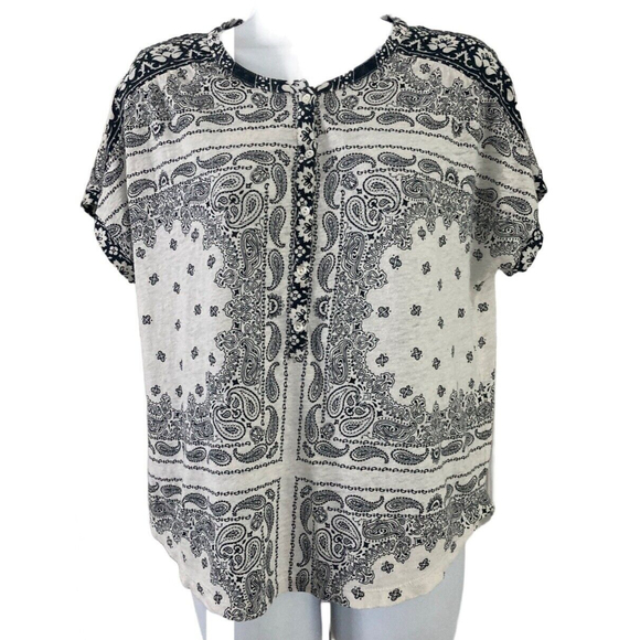 Lucky Brand Top Linen Blend Tunic Sz M White/Blue Paisley Peasant 1/4 Button up - Picture 2 of 9